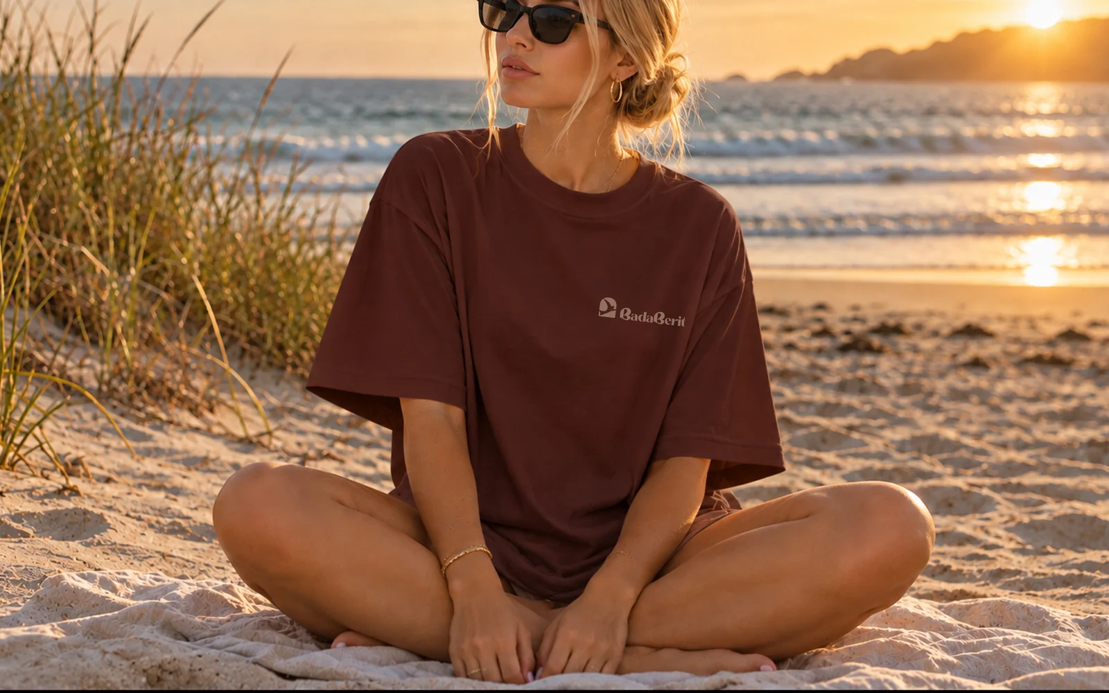 Camiseta Bada Berit na praia ao pôr do sol